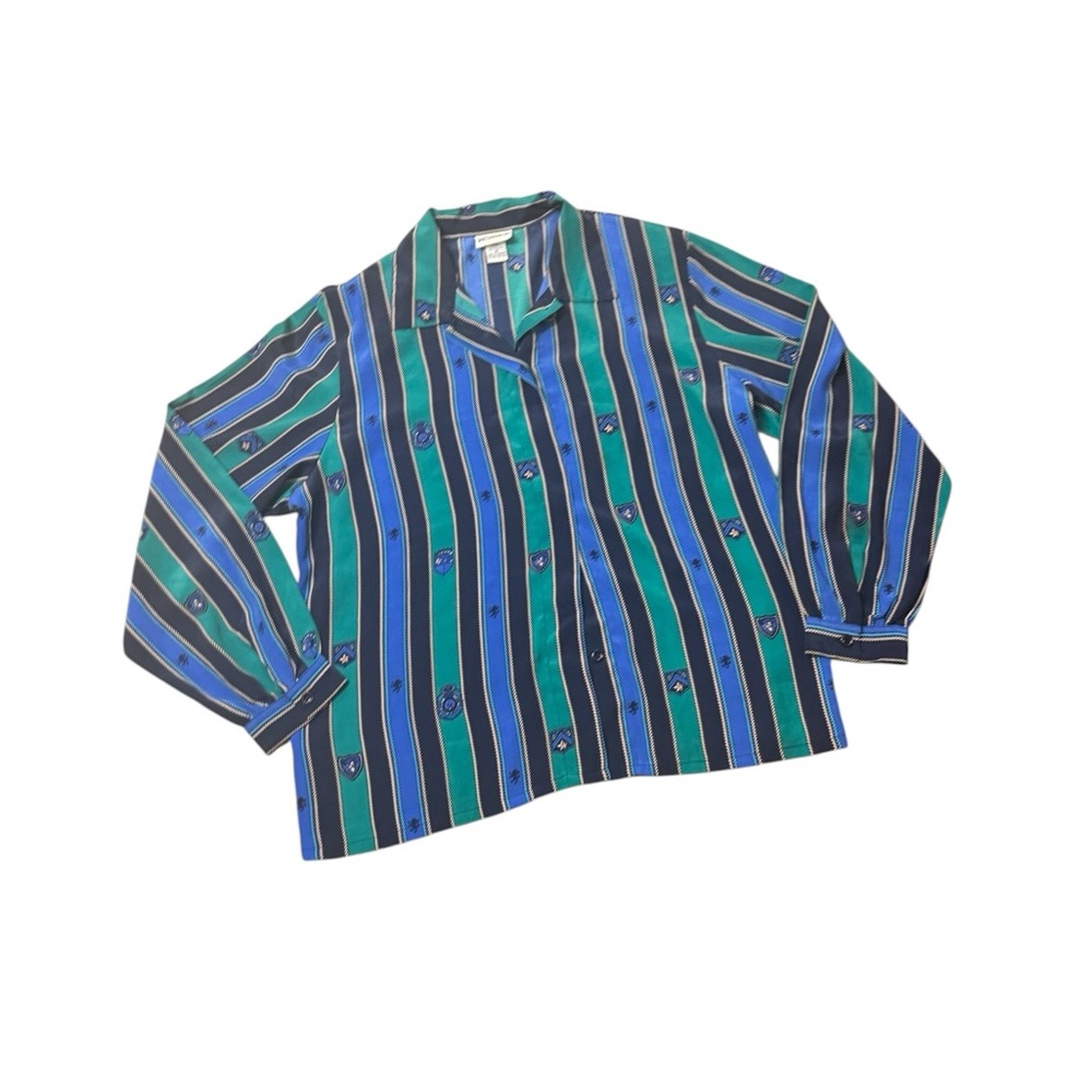 Koret | Vintage Green and Blue Striped Button-Front Blouse Shoulder Pads